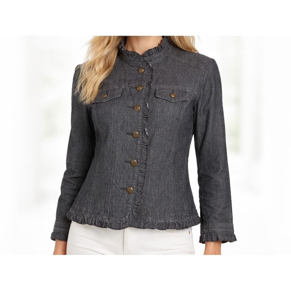 Sandro Cotton Blend Denim Jacket Ruffle Trim Chic Breathable Office Luxe SZ Med.